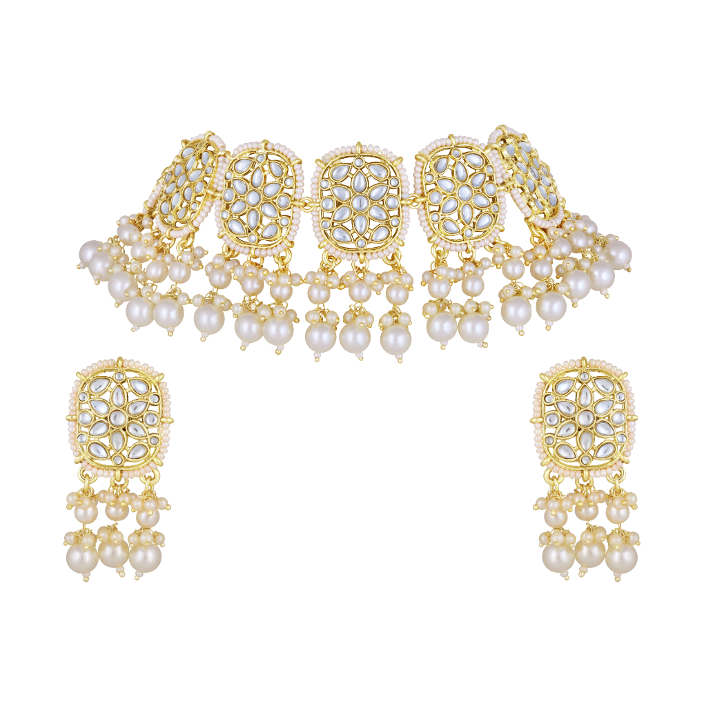 Bdiva 18K Gold Plated Kundan Semi Cultured White Pearl Choker.