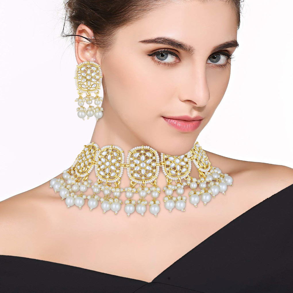 Bdiva 18K Gold Plated Kundan Semi Cultured White Pearl Choker.