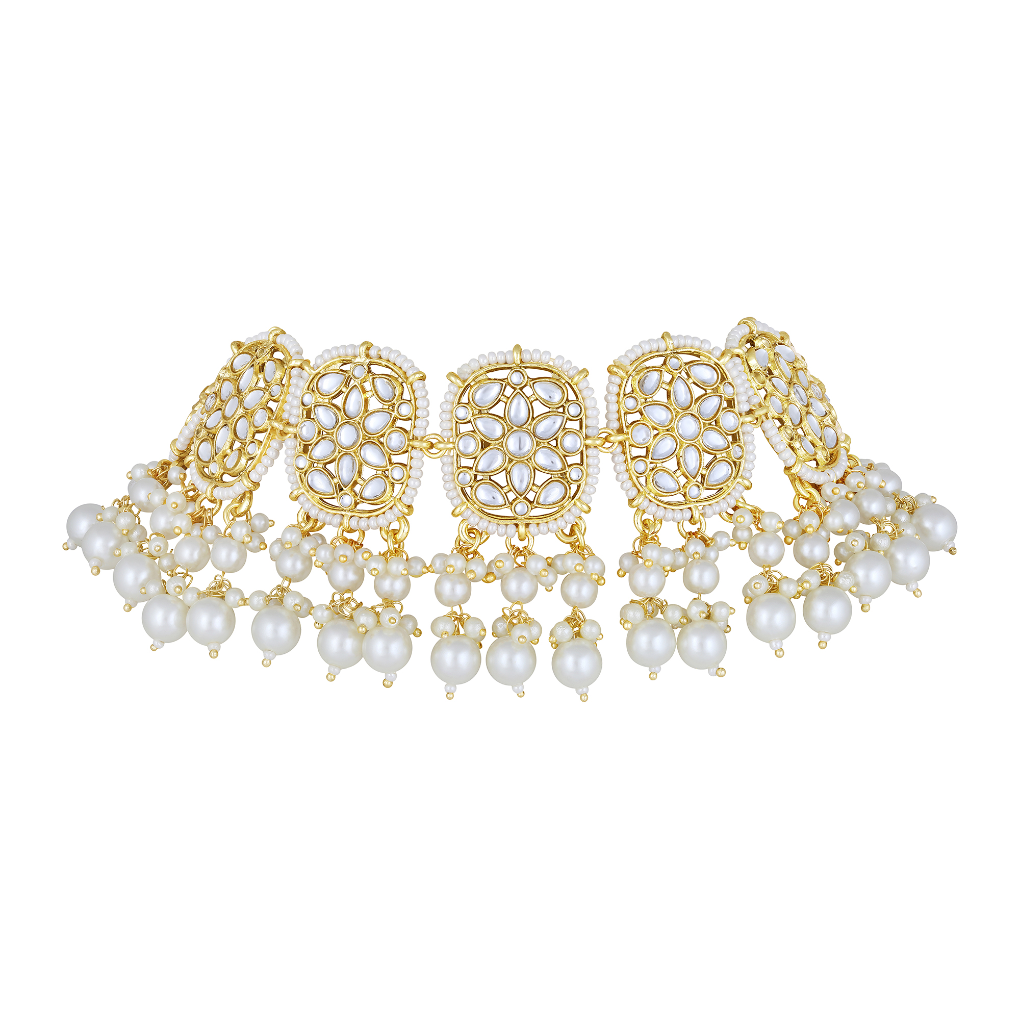 Bdiva 18K Gold Plated Kundan Semi Cultured White Pearl Choker.