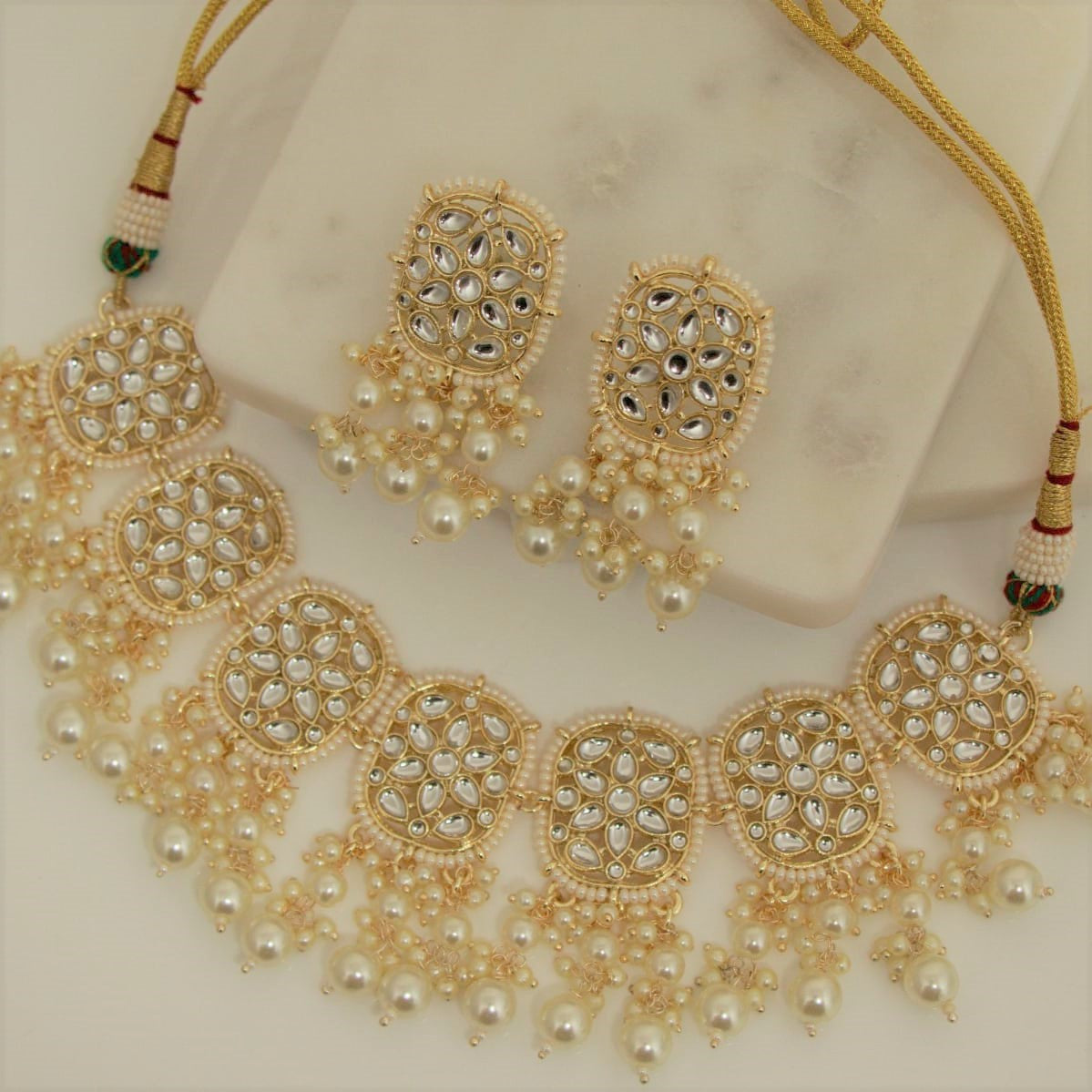 Bdiva 18K Gold Plated Kundan Semi Cultured White Pearl Choker.