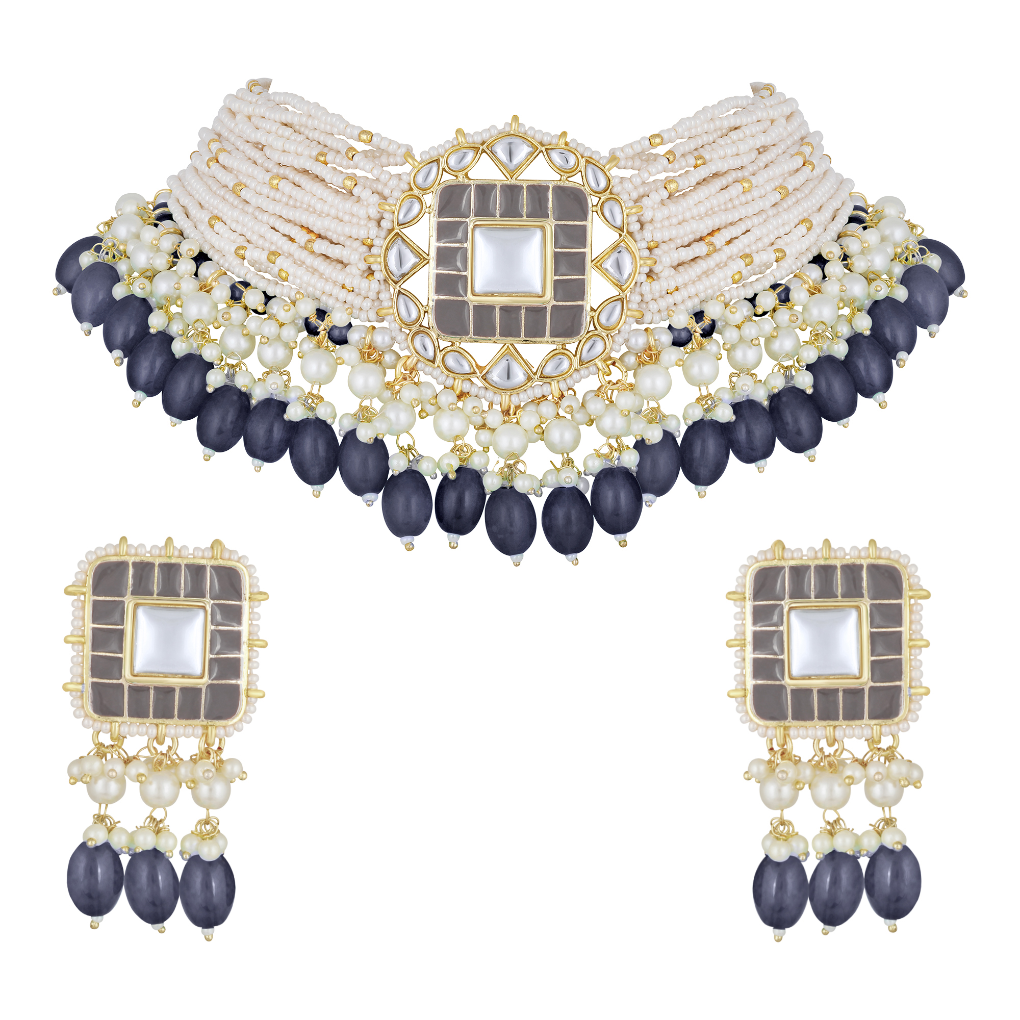 Bdiva 18K Gold Plated Grey Kundan Meenakari Choker.