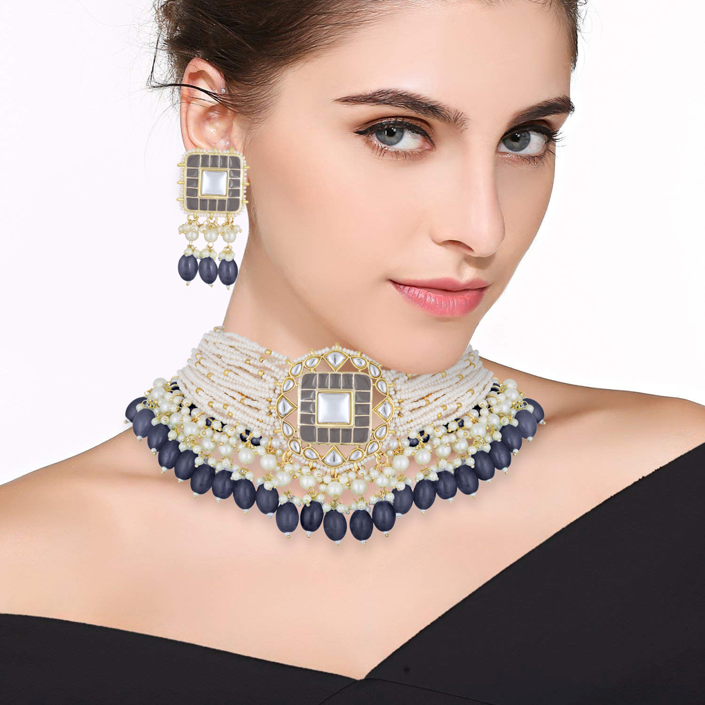 Bdiva 18K Gold Plated Grey Kundan Meenakari Choker.