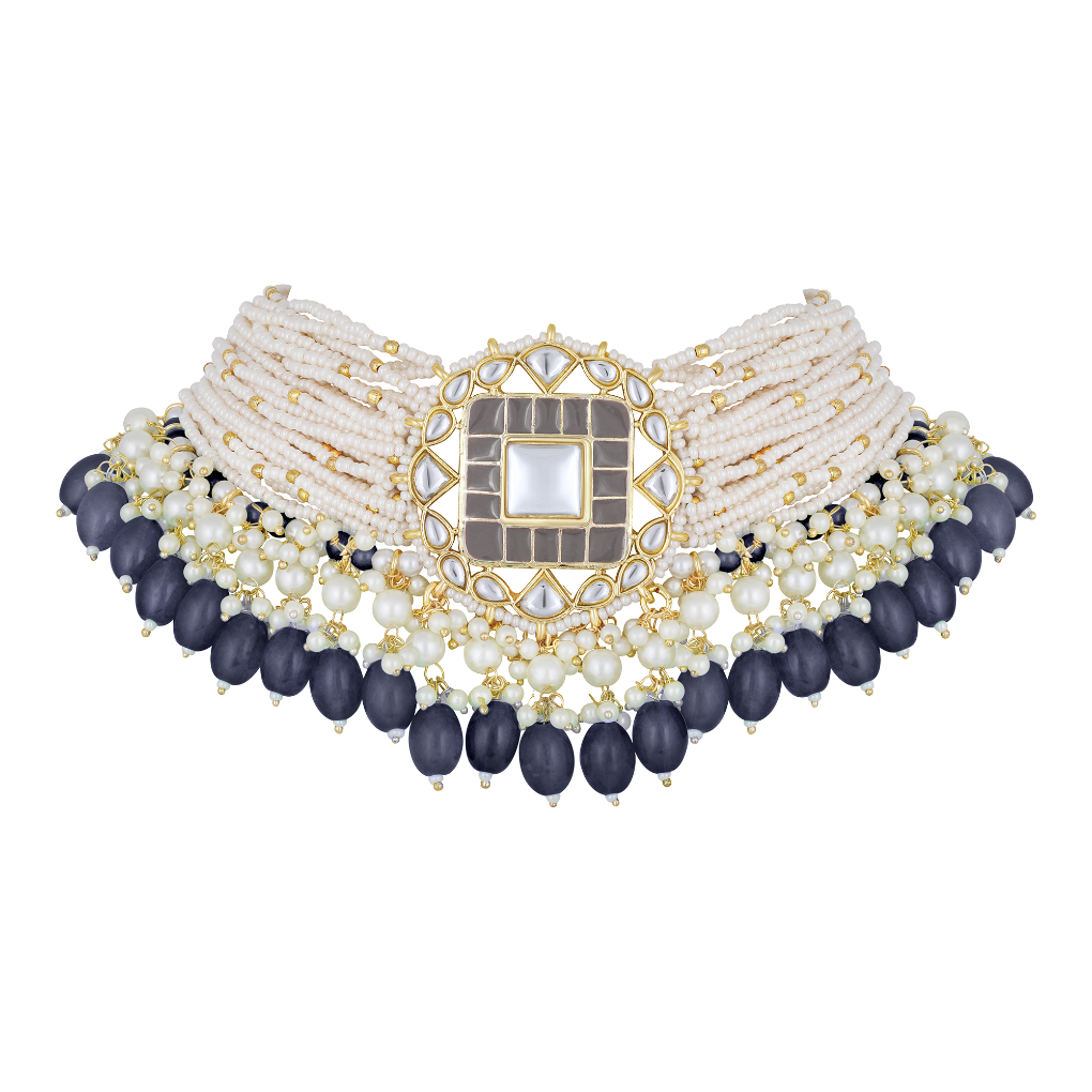 Bdiva 18K Gold Plated Grey Kundan Meenakari Choker.