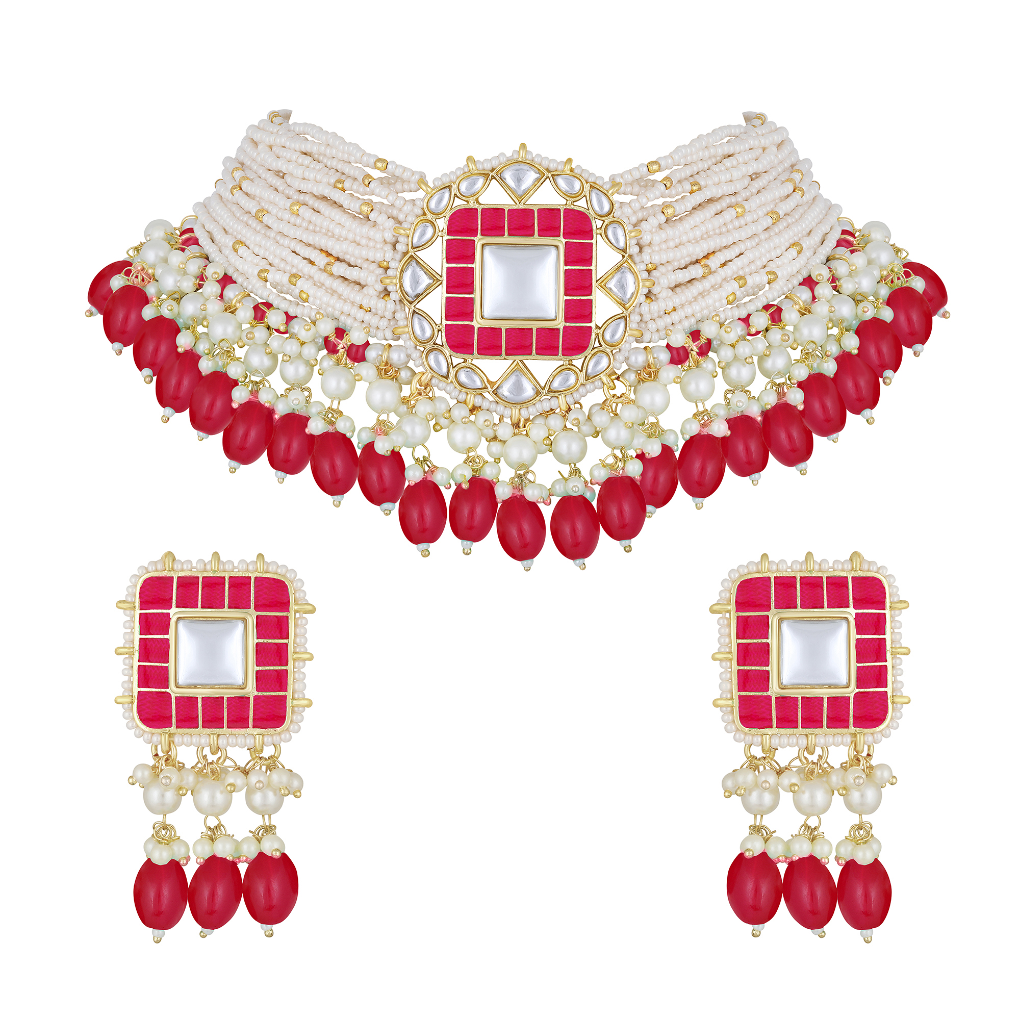 Bdiva 18K Gold Plated Pink Kundan Meenakari Choker.