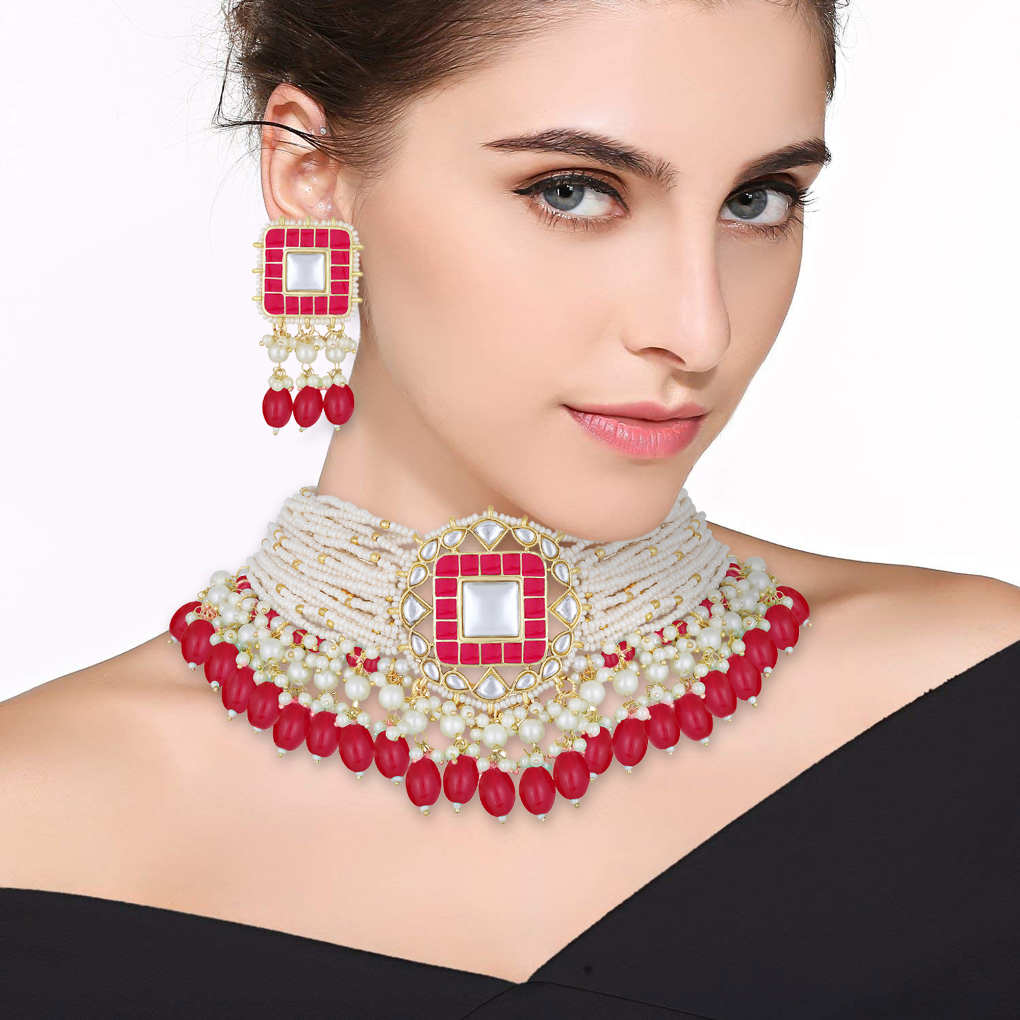 Bdiva 18K Gold Plated Pink Kundan Meenakari Choker.