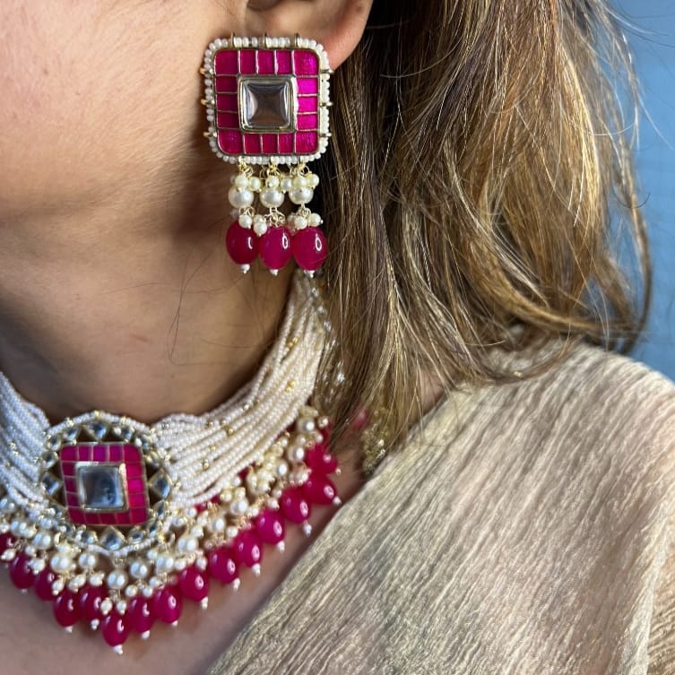 Bdiva 18K Gold Plated Pink Kundan Meenakari Choker.