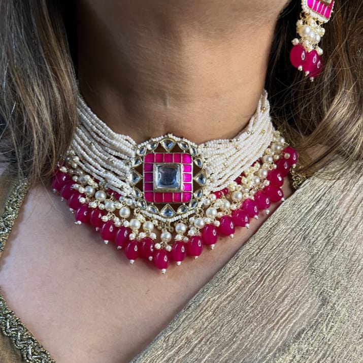 Bdiva 18K Gold Plated Pink Kundan Meenakari Choker.