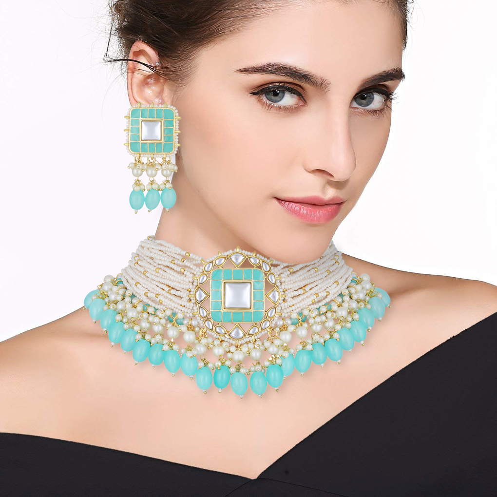 Bdiva 18K Gold Plated Turquoise Kundan Meenakari Choker.