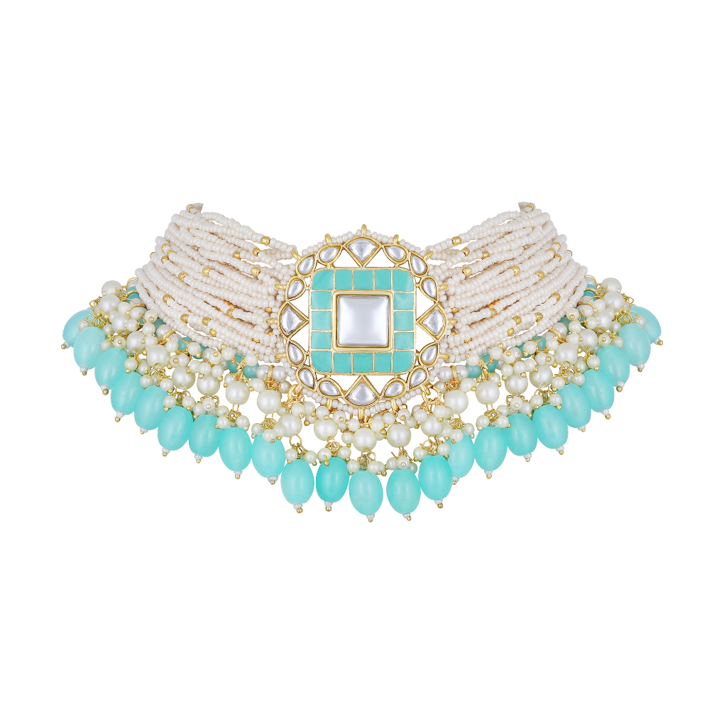 Bdiva 18K Gold Plated Turquoise Kundan Meenakari Choker.