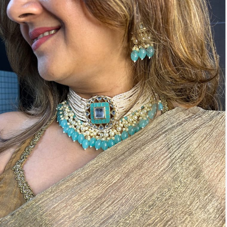 Bdiva 18K Gold Plated Turquoise Kundan Meenakari Choker.
