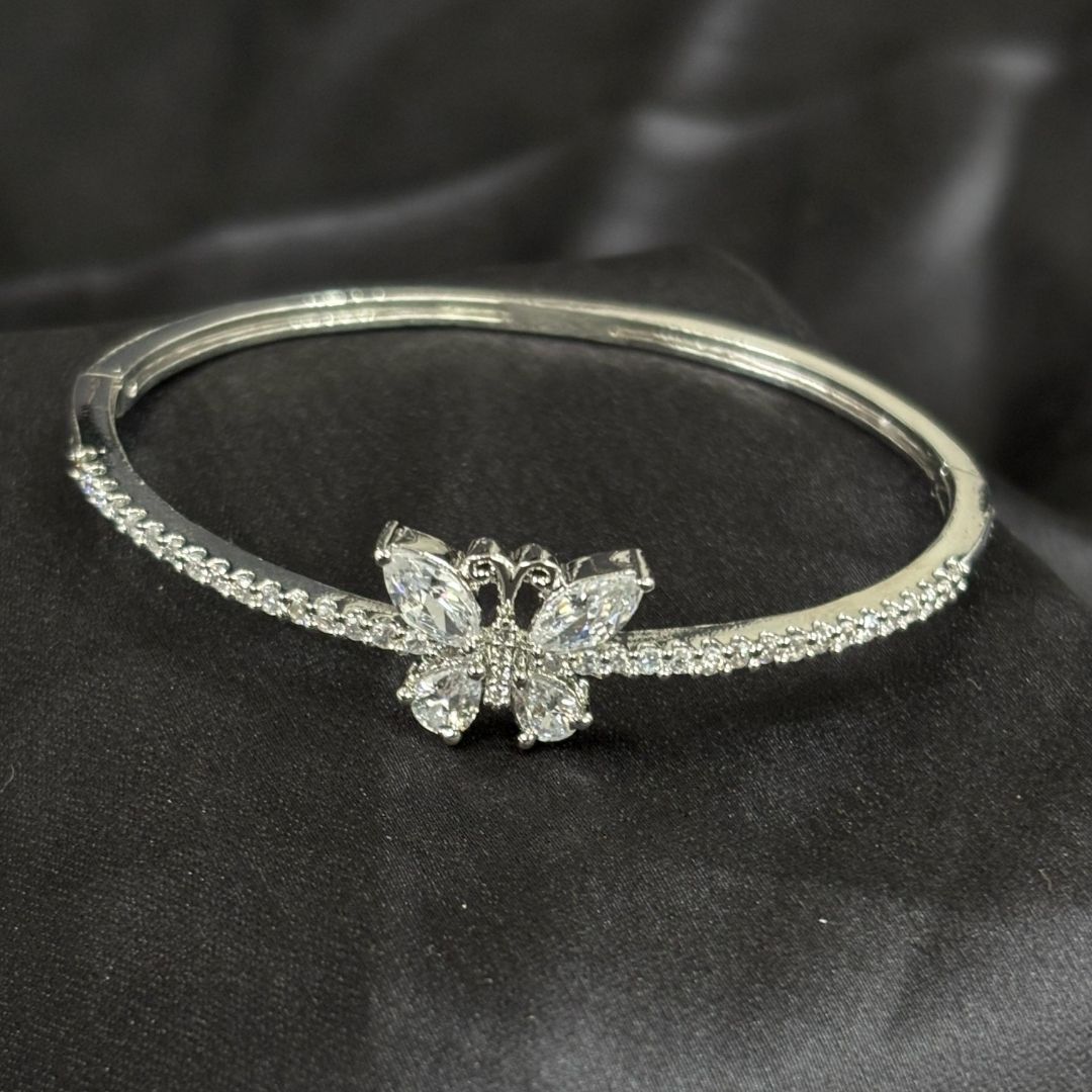 Silver Butterfly Bliss Rhodium-Plated Cubic Zirconia Bangle – Elegance in Motion