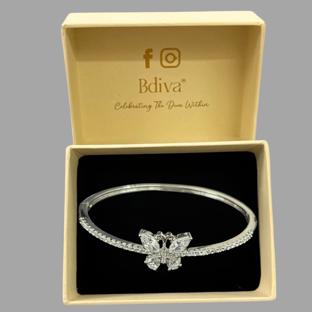 Silver Butterfly Bliss Rhodium-Plated Cubic Zirconia Bangle – Elegance in Motion