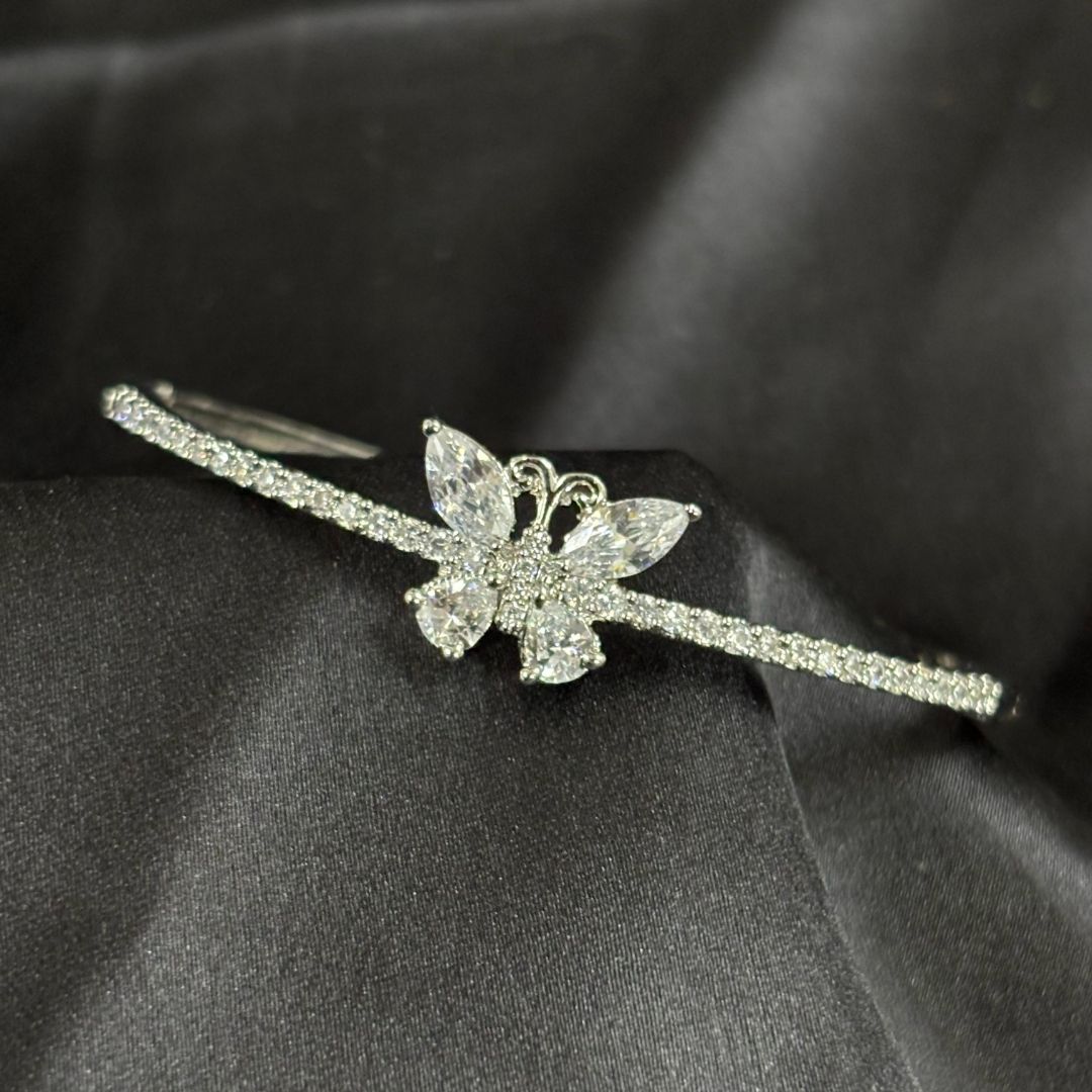 Silver Butterfly Bliss Rhodium-Plated Cubic Zirconia Bangle – Elegance in Motion