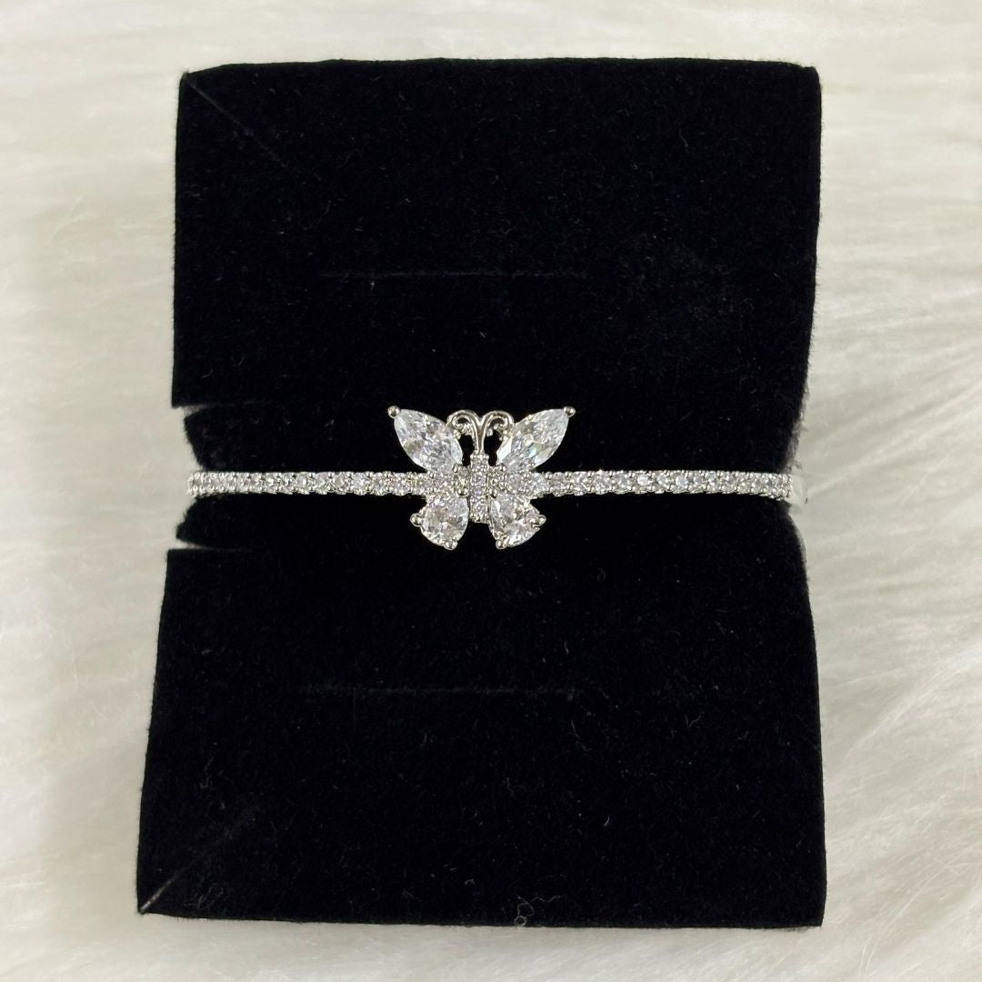 Silver Butterfly Bliss Rhodium-Plated Cubic Zirconia Bangle – Elegance in Motion