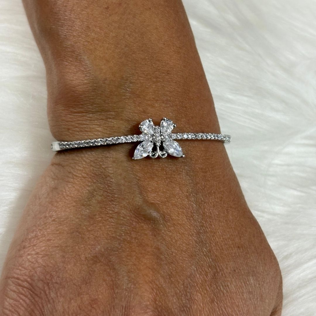 Silver Butterfly Bliss Rhodium-Plated Cubic Zirconia Bangle – Elegance in Motion