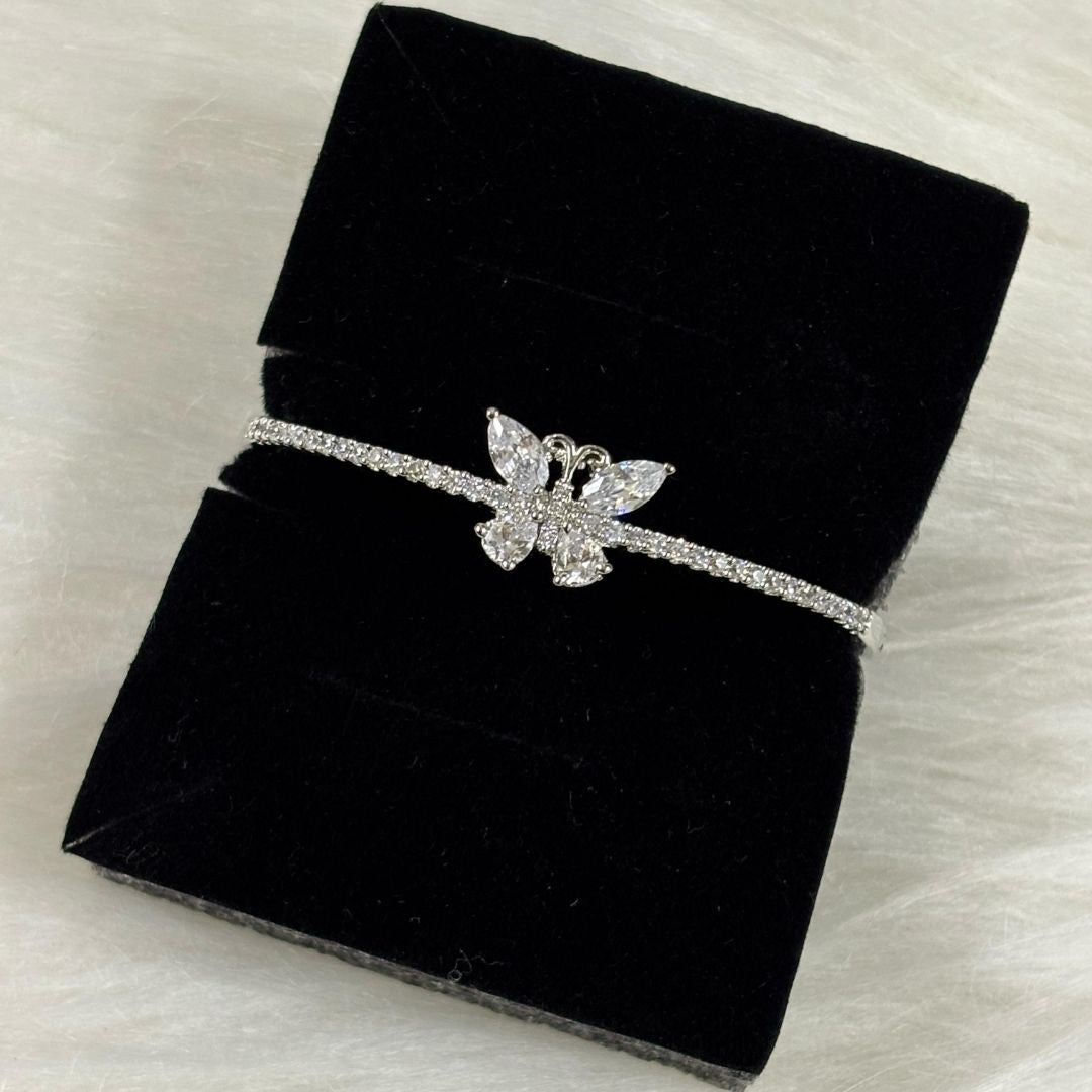 Silver Butterfly Bliss Rhodium-Plated Cubic Zirconia Bangle – Elegance in Motion