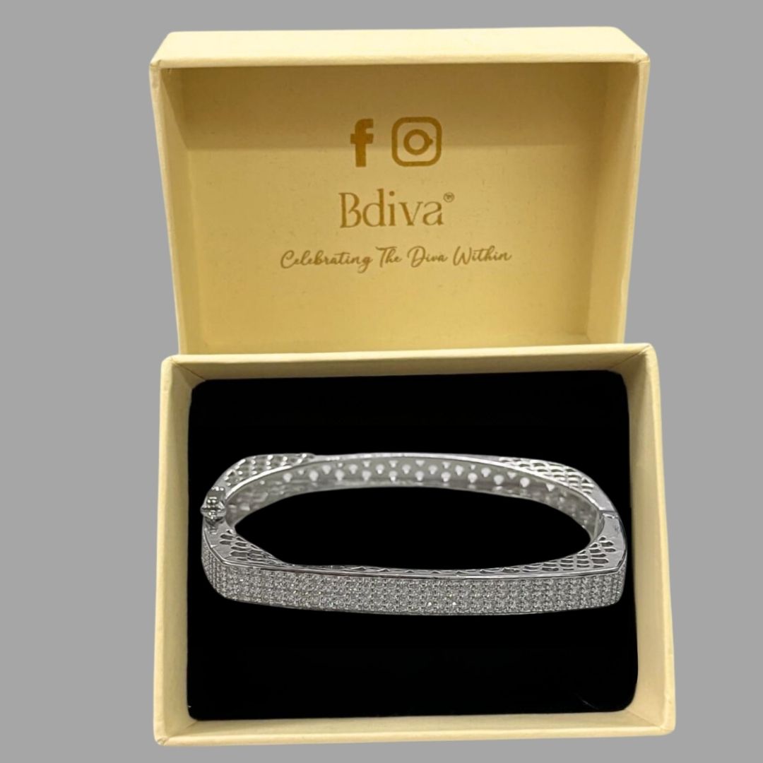 Silver Regal Glam Rhodium-Plated Square Bangle – Bold, Chic & Timeless