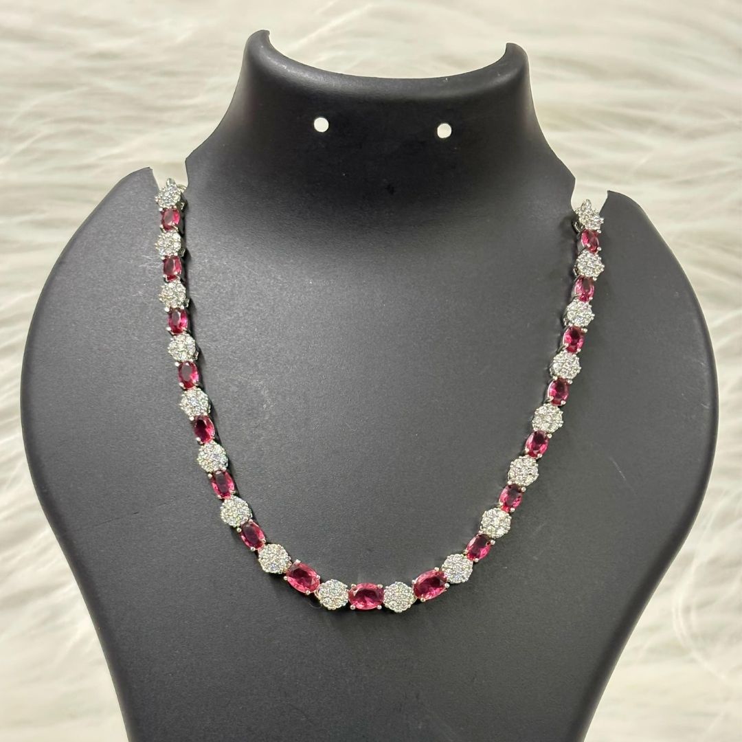 Red Ruby and Cubic Zirconia Rhodium-Plated Choker & Earrings Set