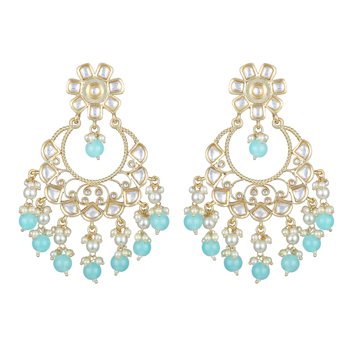 Bdiva 18K Gold Plated Turquiose Chandbali Earrings with Semi Cultured Pearls