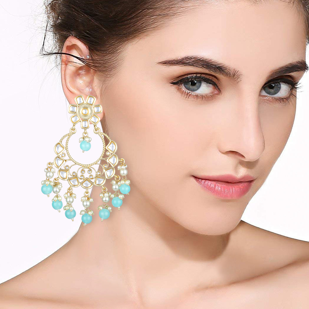 Bdiva 18K Gold Plated Turquiose Chandbali Earrings with Semi Cultured Pearls