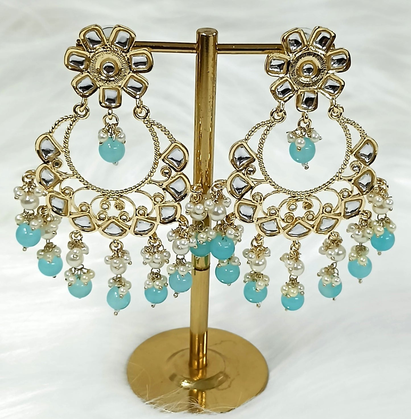 Bdiva 18K Gold Plated Turquiose Chandbali Earrings with Semi Cultured Pearls