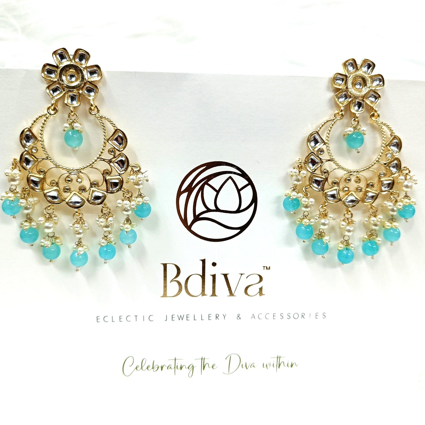 Bdiva 18K Gold Plated Turquiose Chandbali Earrings with Semi Cultured Pearls