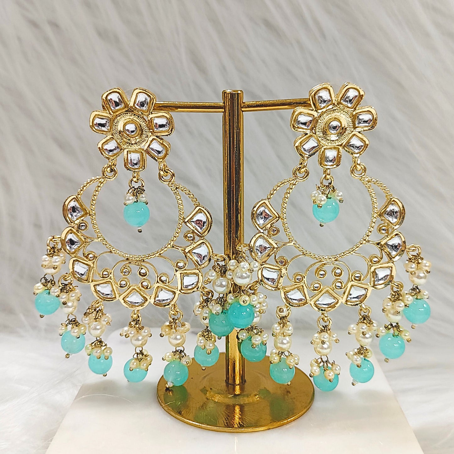 Bdiva 18K Gold Plated Turquiose Chandbali Earrings with Semi Cultured Pearls