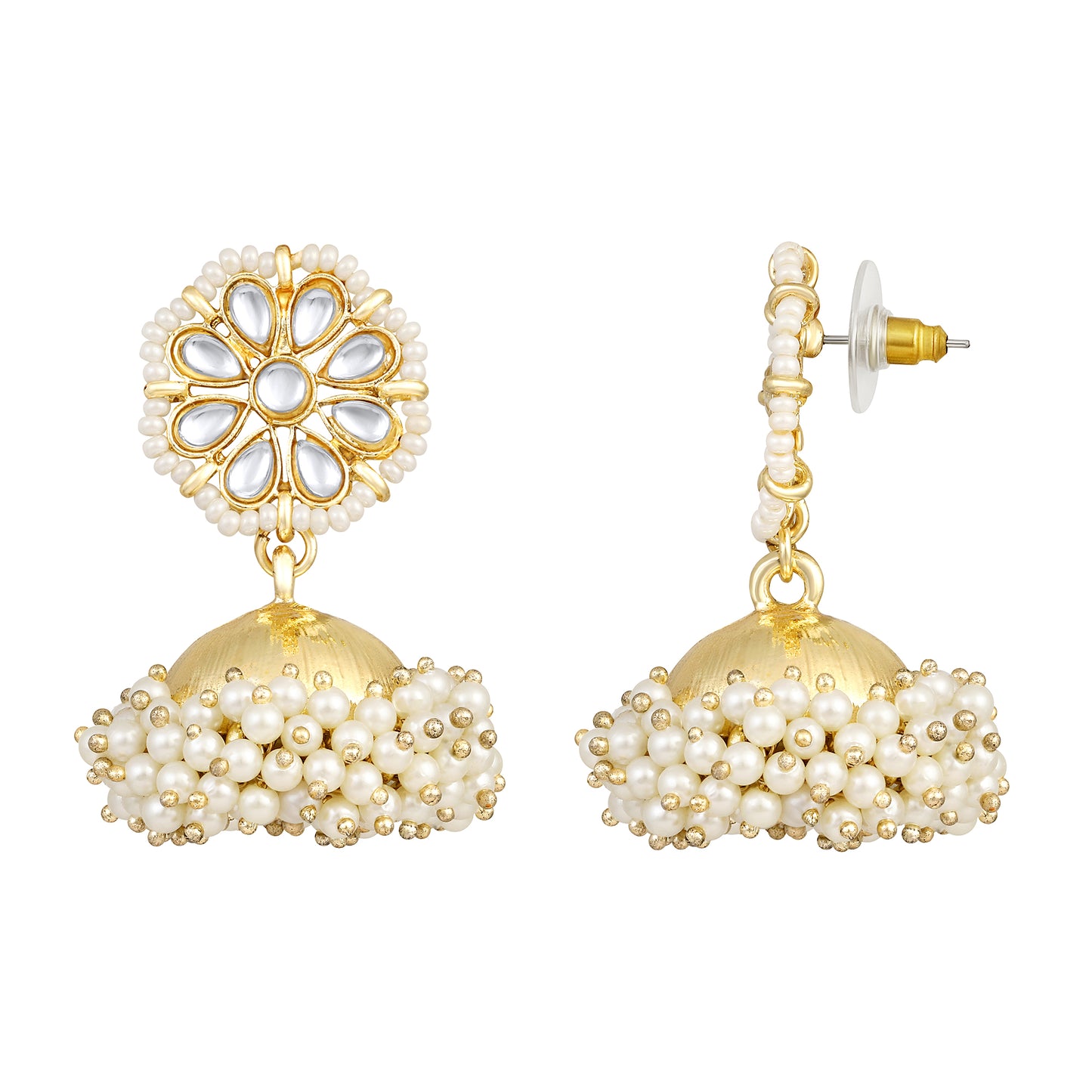 Bdiva 18K Gold Plated Kundan Jhumka Earrings with Semi Cultured Pearls