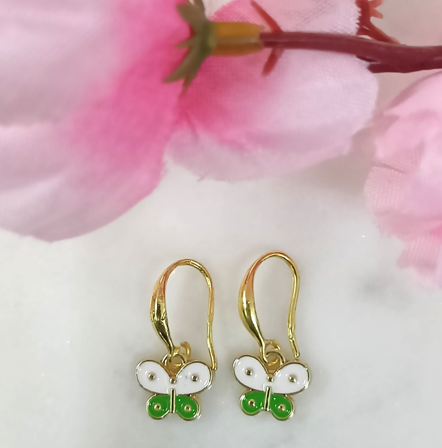 Bdiva 18K Gold-Plated Handmade White and Green Enamel Hoop Butterfly Earrings