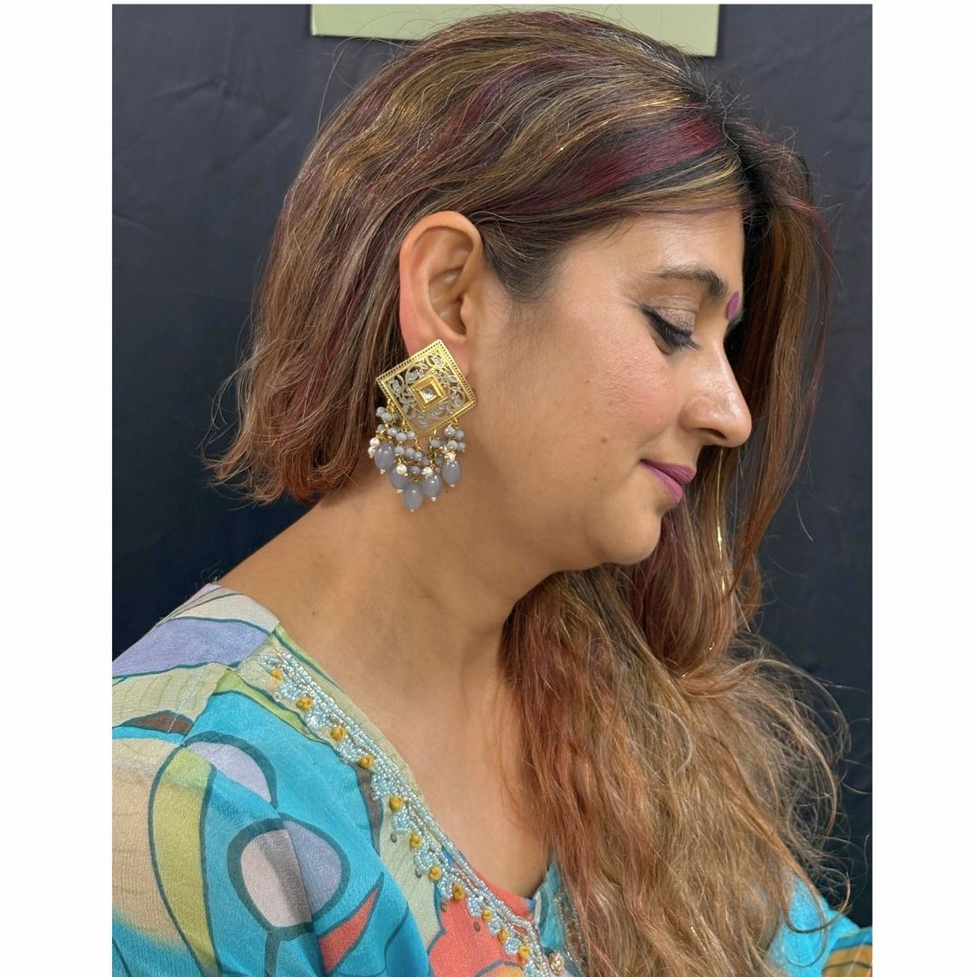 BDiva 18k Gold Plated Royal Square Pearl & Grey Beaded Dangle Earrings with a Fusion of Tradition and Modern Glamour