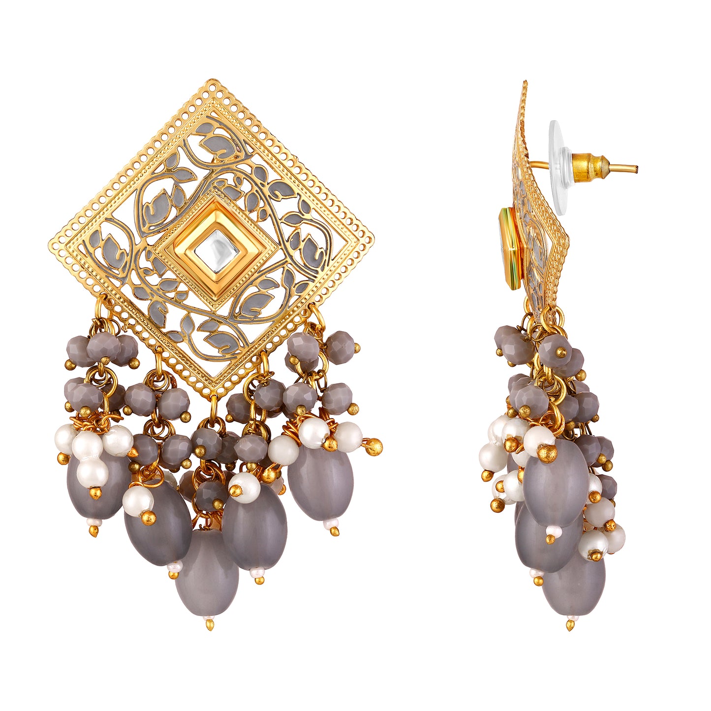 BDiva 18k Gold Plated Royal Square Pearl & Grey Beaded Dangle Earrings with a Fusion of Tradition and Modern Glamour