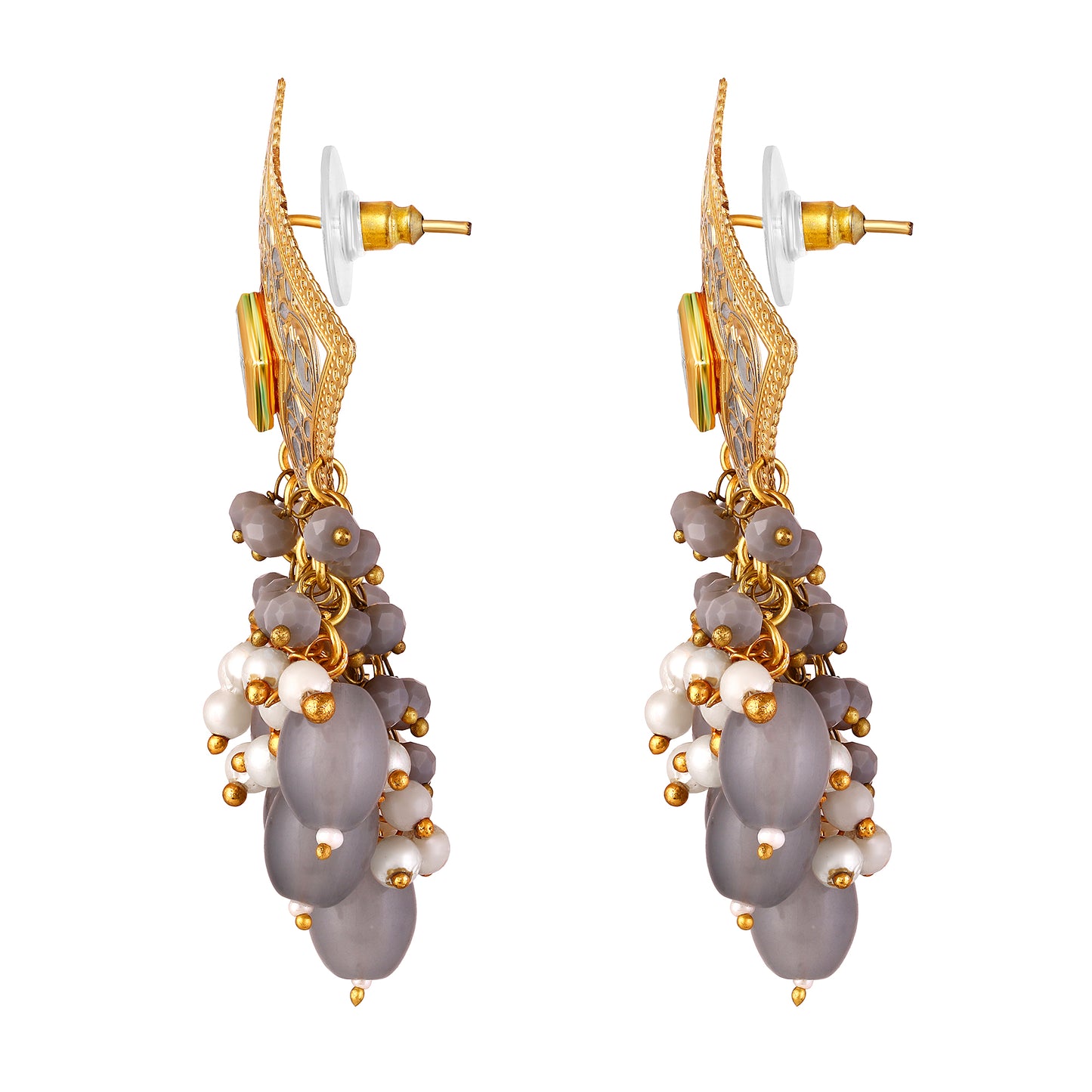 BDiva 18k Gold Plated Royal Square Pearl & Grey Beaded Dangle Earrings with a Fusion of Tradition and Modern Glamour