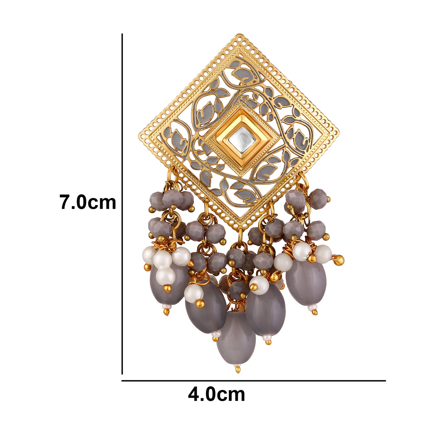 BDiva 18k Gold Plated Royal Square Pearl & Grey Beaded Dangle Earrings with a Fusion of Tradition and Modern Glamour