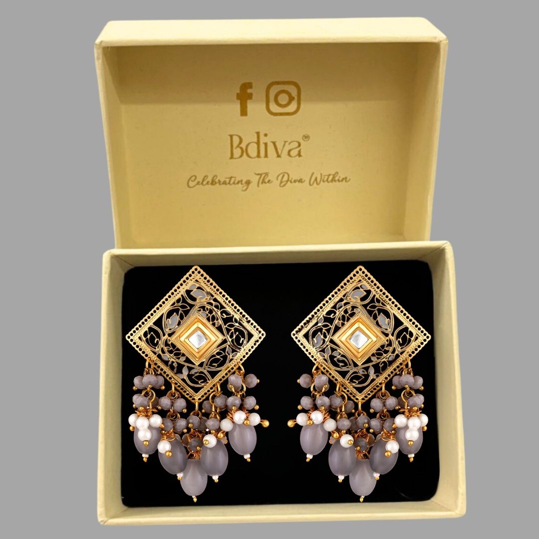 BDiva 18k Gold Plated Royal Square Pearl & Grey Beaded Dangle Earrings with a Fusion of Tradition and Modern Glamour
