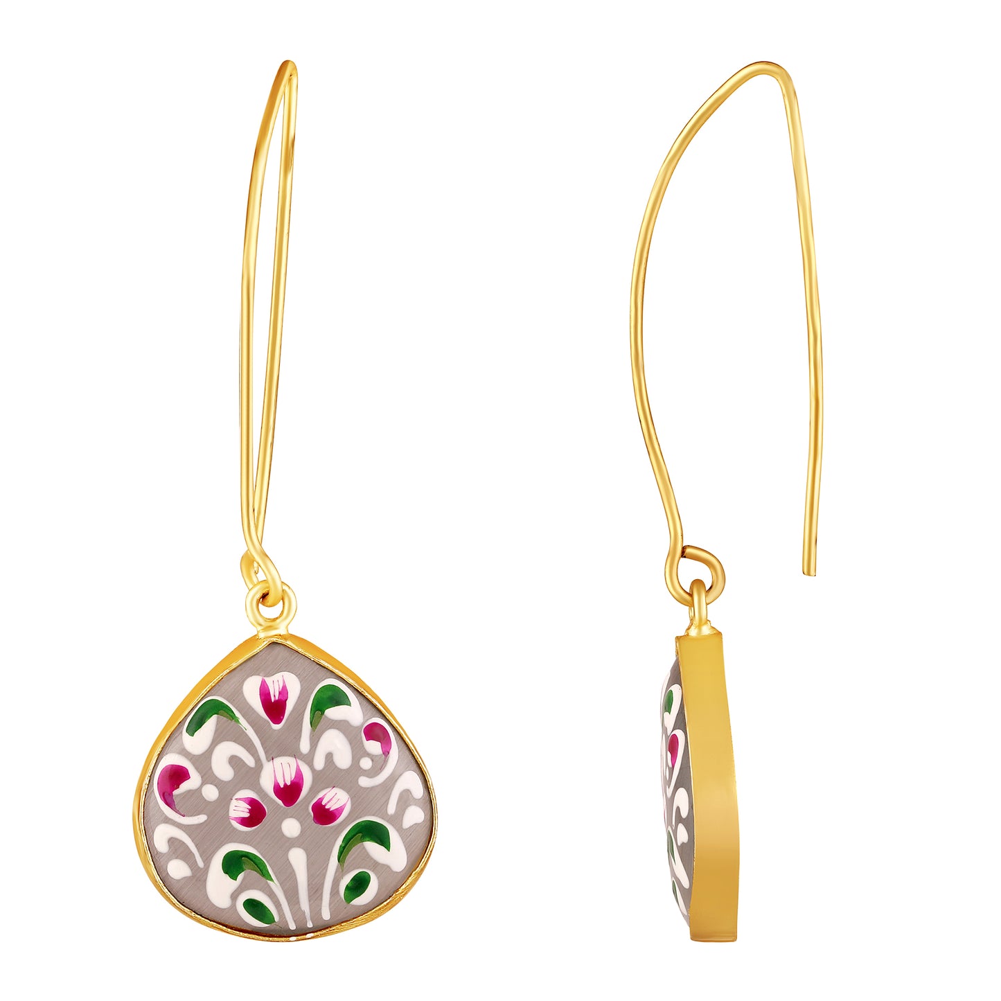 BDiva Artistic Charms Hand-Painted Floral Enamel Drop 18K Gold Plated Earrings