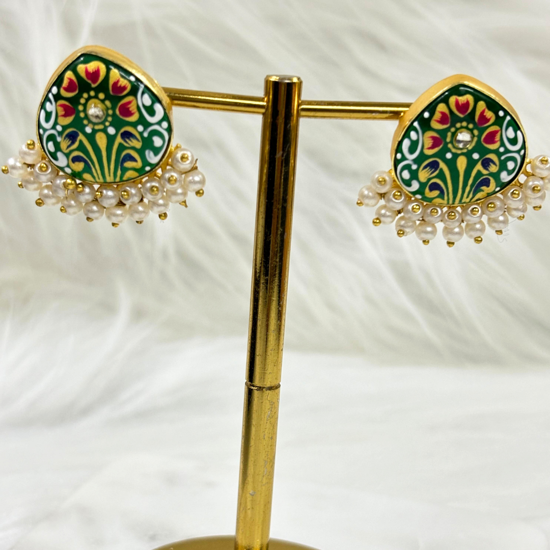 BDiva 18K Gold Plated Green Enamel and Pearl Cluster Earrings with a Tradition Meets Modern Glamour.