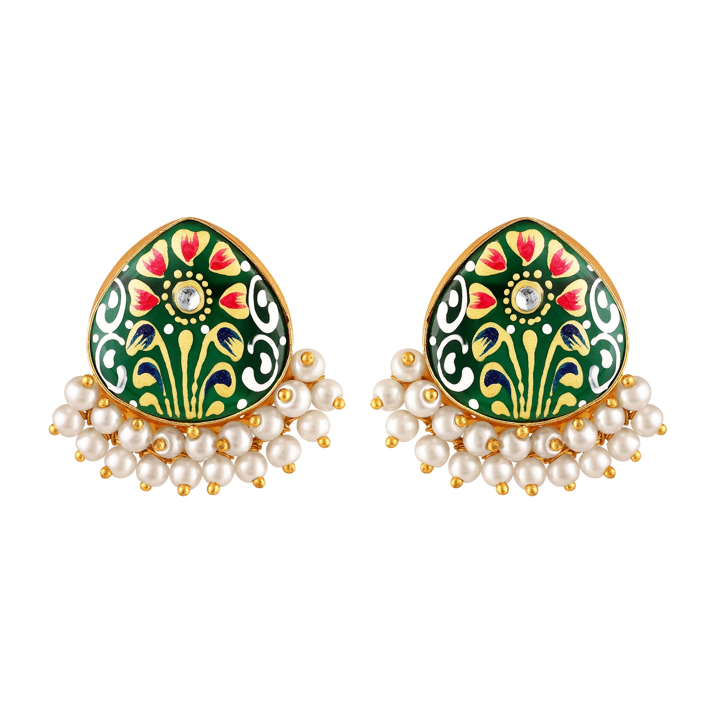 BDiva 18K Gold Plated Green Enamel and Pearl Cluster Earrings with a Tradition Meets Modern Glamour.