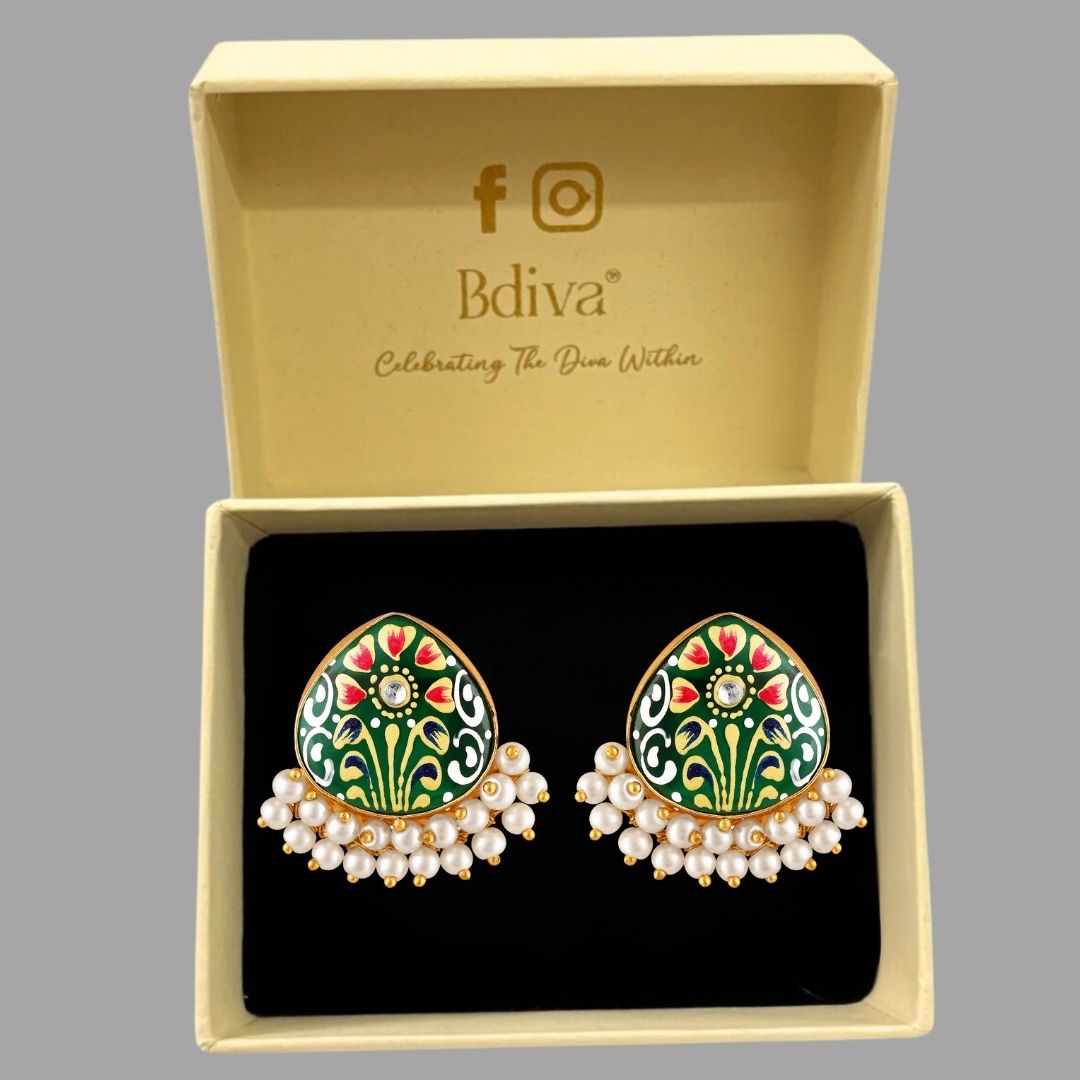 BDiva 18K Gold Plated Green Enamel and Pearl Cluster Earrings with a Tradition Meets Modern Glamour.