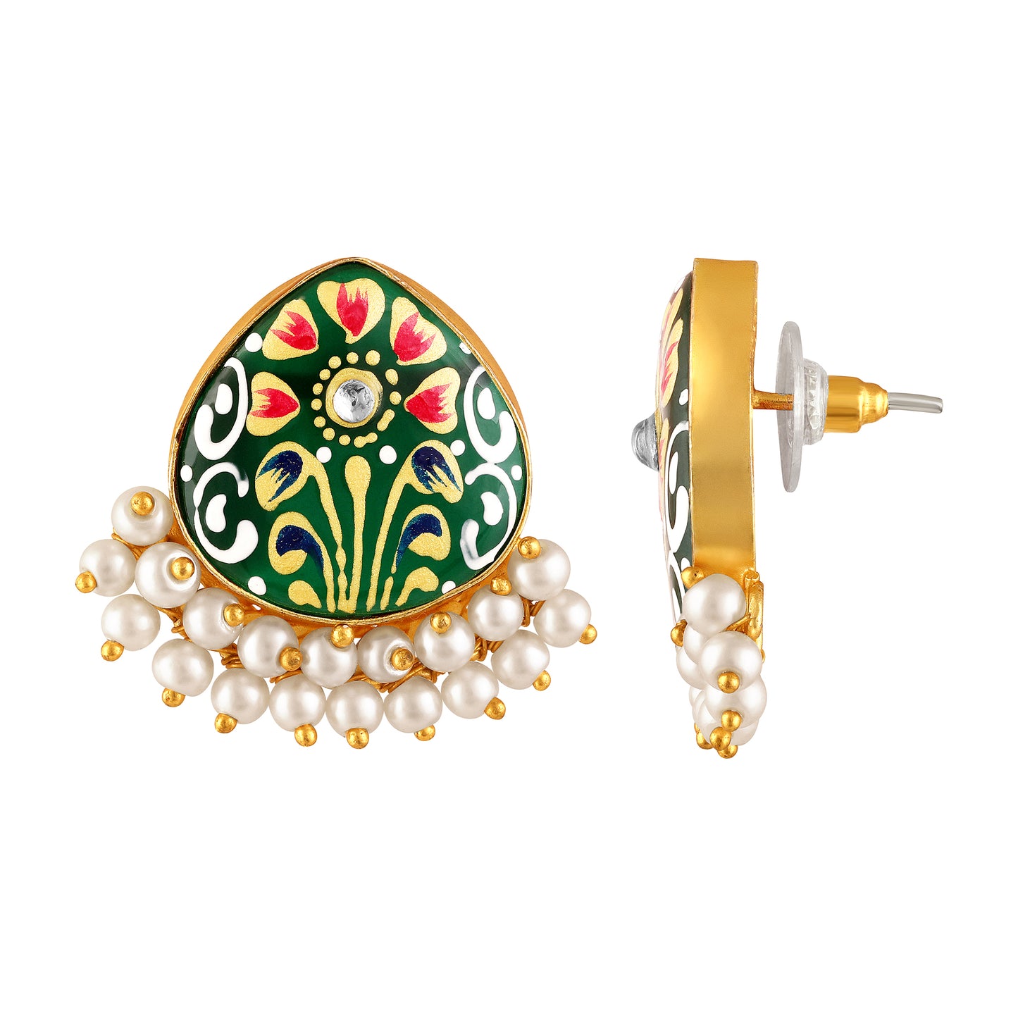BDiva 18K Gold Plated Green Enamel and Pearl Cluster Earrings with a Tradition Meets Modern Glamour.