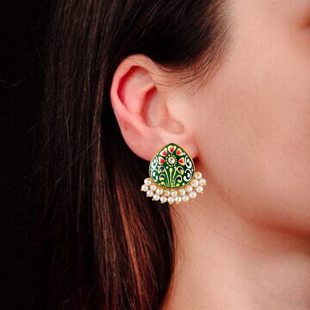 BDiva 18K Gold Plated Green Enamel and Pearl Cluster Earrings with a Tradition Meets Modern Glamour.