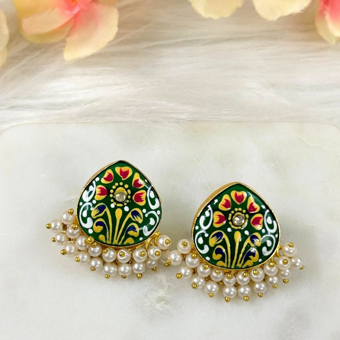 BDiva 18K Gold Plated Green Enamel and Pearl Cluster Earrings with a Tradition Meets Modern Glamour.