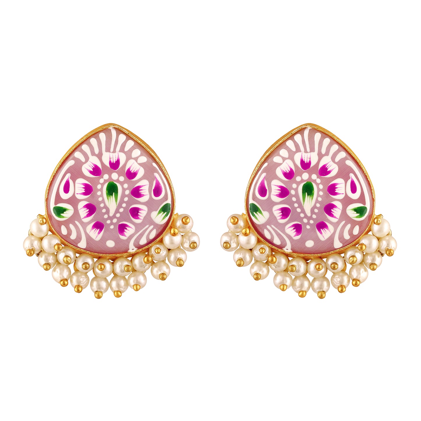 BDiva 18K Gold Plated Pastel Pink Enamel and Pearl Cluster Earrings with a Subtle Touch of Tradition
