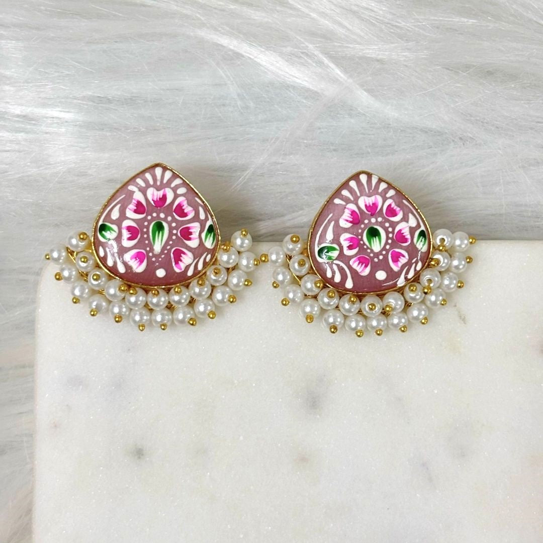 BDiva 18K Gold Plated Pastel Pink Enamel and Pearl Cluster Earrings with a Subtle Touch of Tradition