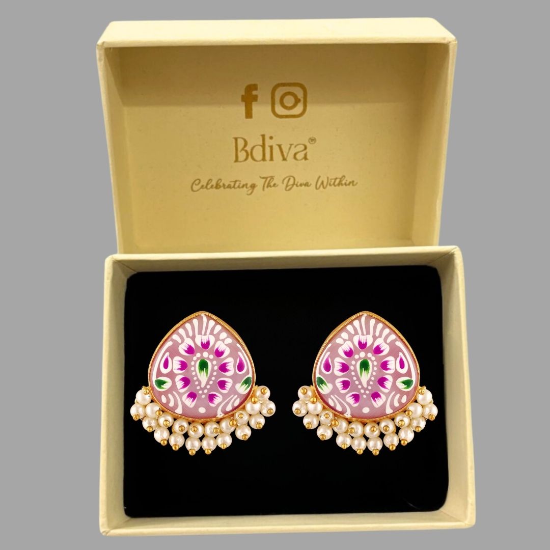 BDiva 18K Gold Plated Pastel Pink Enamel and Pearl Cluster Earrings with a Subtle Touch of Tradition