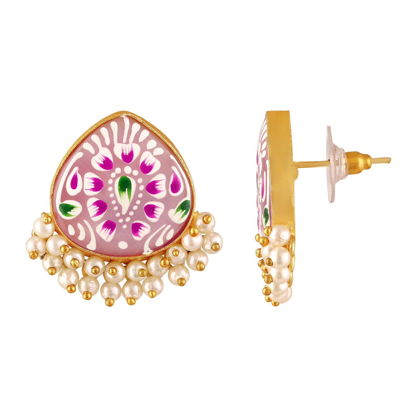 BDiva 18K Gold Plated Pastel Pink Enamel and Pearl Cluster Earrings with a Subtle Touch of Tradition