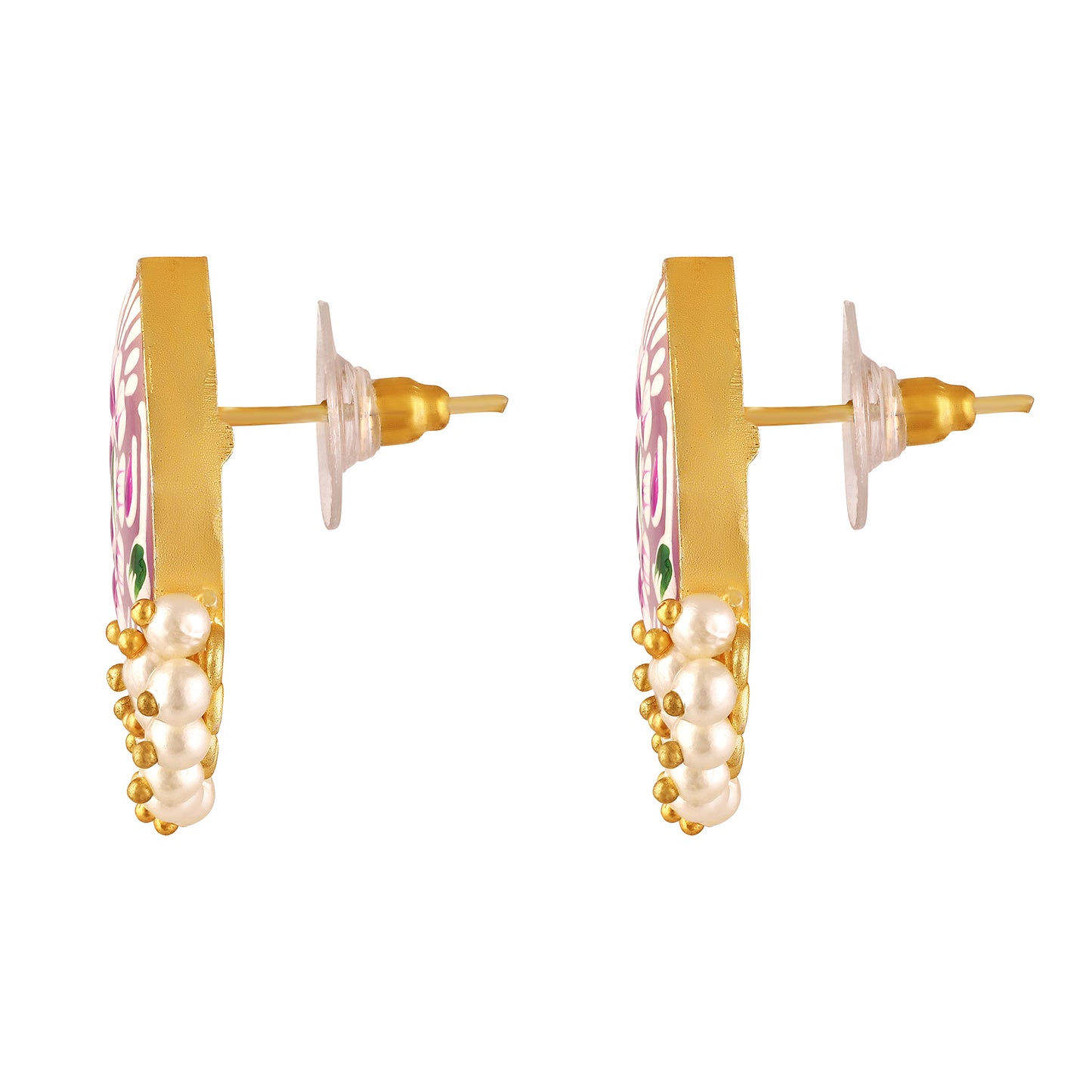 BDiva 18K Gold Plated Pastel Pink Enamel and Pearl Cluster Earrings with a Subtle Touch of Tradition