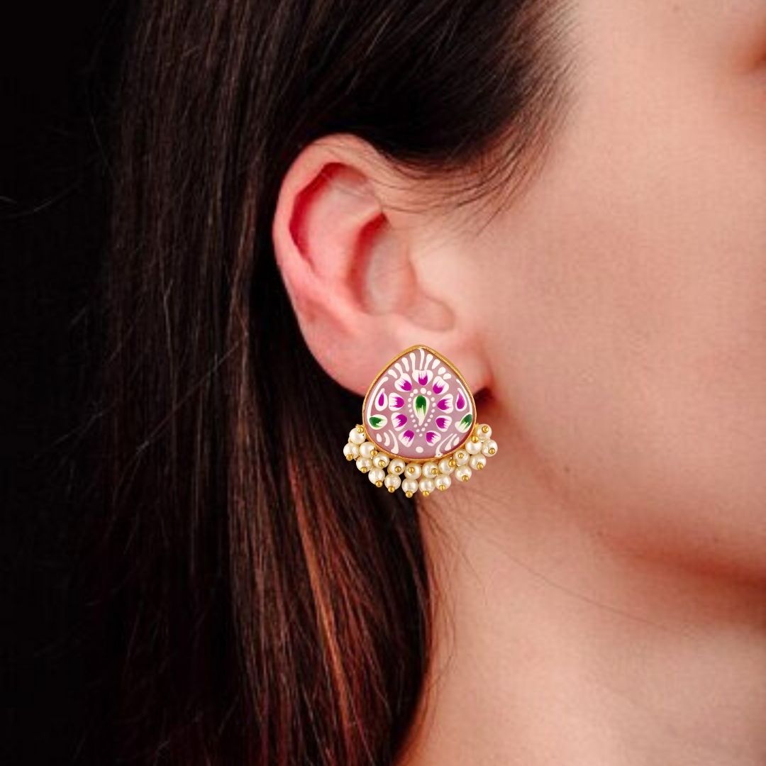 BDiva 18K Gold Plated Pastel Pink Enamel and Pearl Cluster Earrings with a Subtle Touch of Tradition