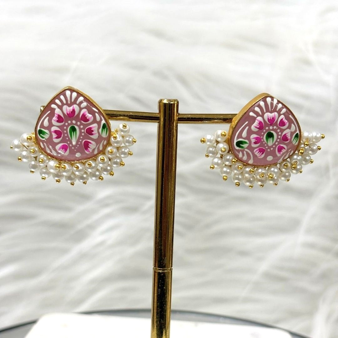 BDiva 18K Gold Plated Pastel Pink Enamel and Pearl Cluster Earrings with a Subtle Touch of Tradition