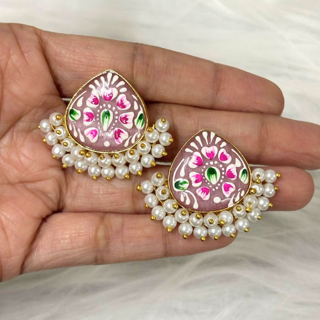 BDiva 18K Gold Plated Pastel Pink Enamel and Pearl Cluster Earrings with a Subtle Touch of Tradition