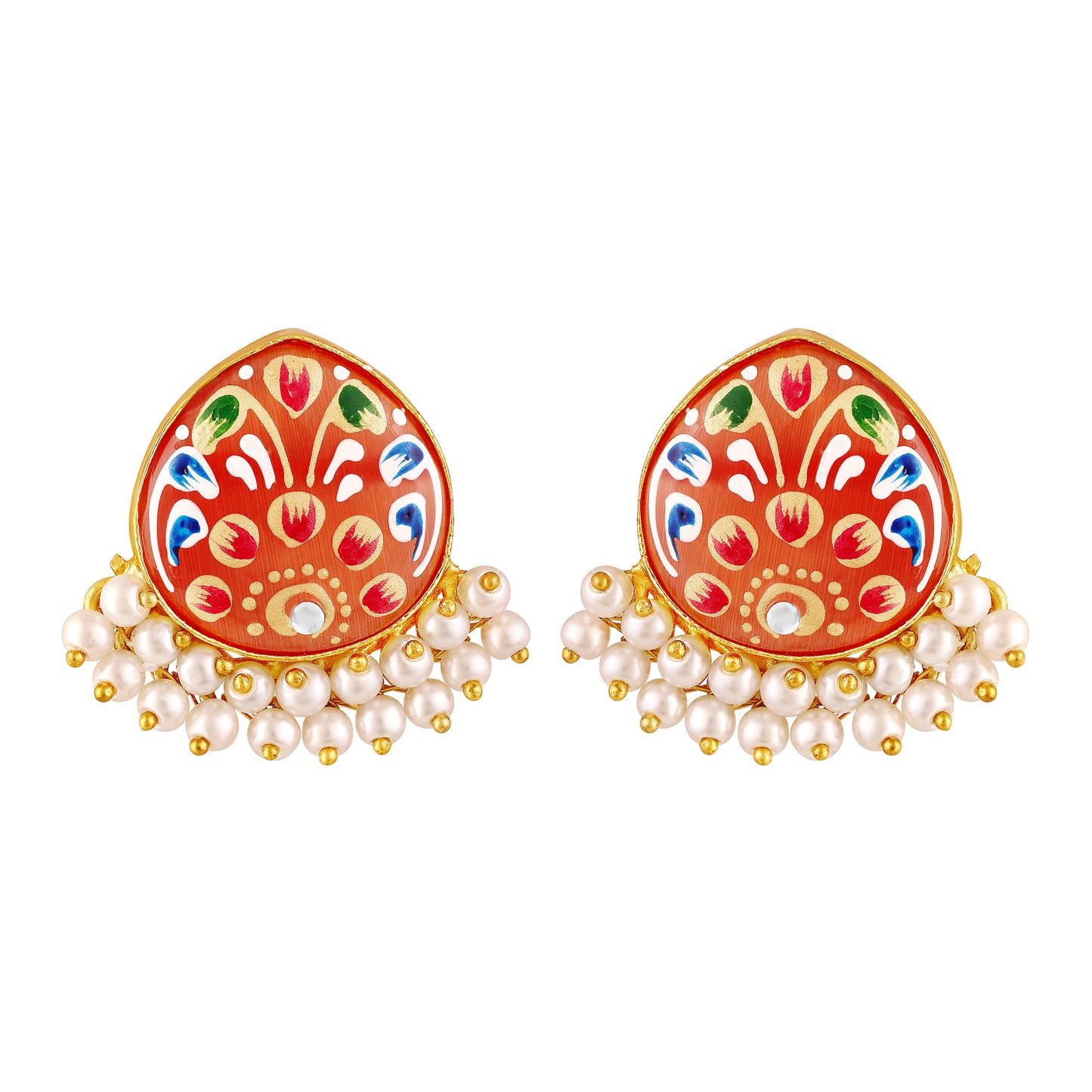 BDiva 18K Gold Plated Orange Enamel and Pearl Cluster Earrings with a Traditional Twist